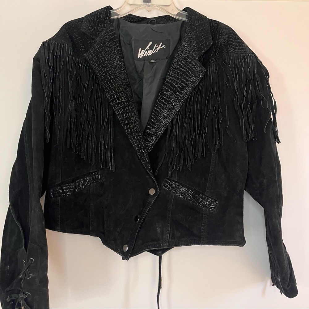 Vintage Fringe Winlit Leather Suede Women L Black Snape Western Biker Jacket